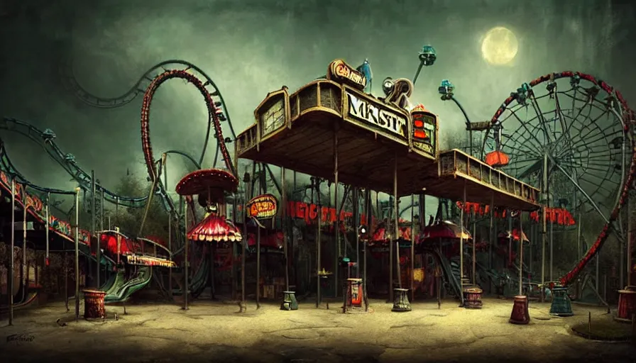 Prompt: michal karcz grunge painting of an amusement park, monster and horror theme. Monster-themed Top-Spin ride. A detailed, elegant, intricate, 4k,