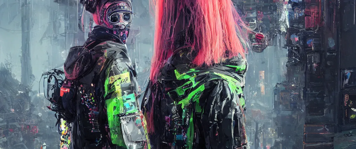 Image similar to detailed portrait neon guard girl with long straight blonde hair seen from the back, cyberpunk futuristic, reflective puffer jacket, black leggings, decorated with traditional ornaments in front of a dystopian crowd with piles of garbage by ismail inceoglu dragan bibin hans thoma, perfect face, fine details, realistic shaded, fine - face, pretty face