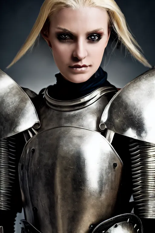 Image similar to medieval female knight, blonde hairs, no helmet, symmetrical, cinematic, elegant, demonic atmosphere, professional studio light, real dlsr photography, sharp focus, armor made by hans giger, 4 k, ultra hd, sense of awe