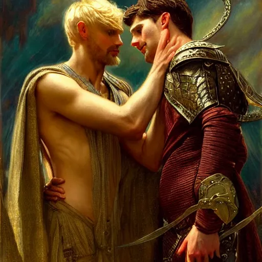 Image similar to stunning arthur pendragon in love with stunning male merlin the mage. they are close to each other. highly detailed painting by gaston bussiere, craig mullins, j. c. leyendecker