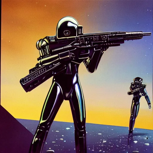 Image similar to 1 9 8 0's heavy metal album art, a shiny reflective detailed chrome android firing a giant rifle - style blaster rifle designed by ridley scott inside an alien spaceship