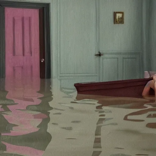 Prompt: painting of Elle Fanning in a flooded house interior, Kitsch style