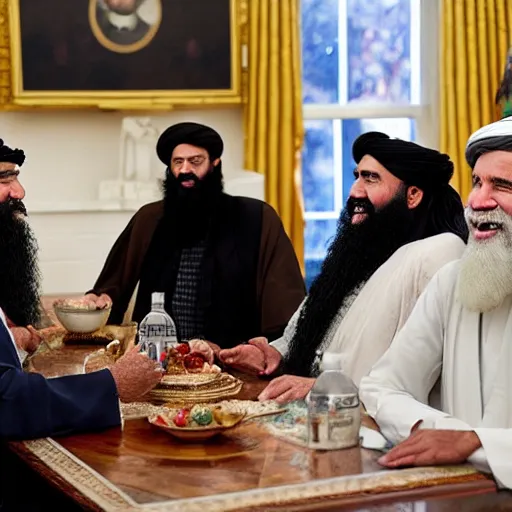 Prompt: 4 k hdr portrait wide angle photo of president joe biden as a taliban muslim leader with a beard laughing at a dinner table meeting surrounded by taliban terrorist leaders