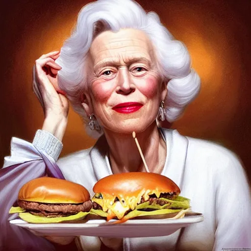 Image similar to portrait of Barbara Bush eating hamburgers, extra onions and ketchup, luscious patty with sesame seeds, feminine ethereal, handsome, D&D, fantasy, intricate, elegant, highly detailed, digital painting, artstation, concept art, matte, sharp focus, illustration, art by Artgerm and Greg Rutkowski and Alphonse Mucha