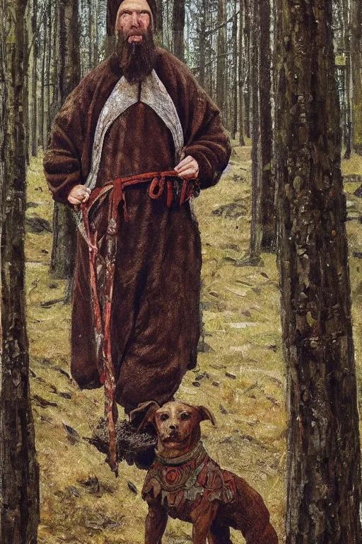 Image similar to Slavic dog head man, woolen torso in medieval clothes, walking in the forest, Orthodox Saint Christopher, oil painting, painting by Viktor Vasnetsov, concept art, hyperborea, beautiful dog head, hyperrealism, beautiful, high resolution, trending on artstation,