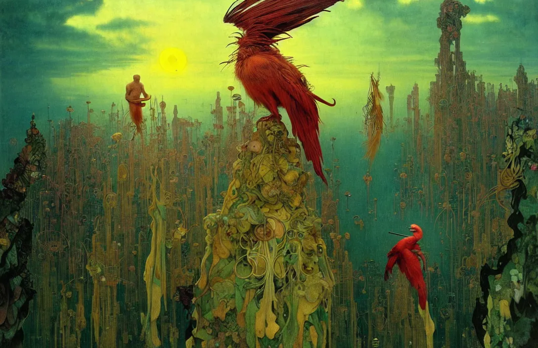 Image similar to realistic detailed portrait movie shot of a birdman wearing green ragged robes, sci fi city sunset landscape background by denis villeneuve, amano, yves tanguy, alphonse mucha, ernst haeckel, max ernst, roger dean, masterpiece, rich ethereal colours, feathers, creepy, occult, blue eyes