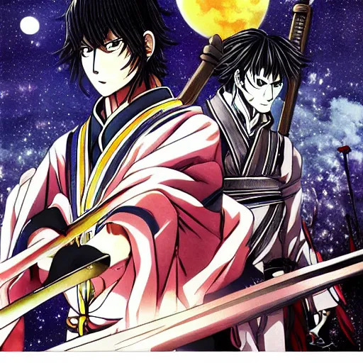 Prompt: anime drifters man large samurai sword night under full moon artist kouta hirano