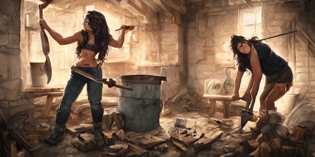 Prompt: blacksmith cute girl hitting with a hammer, anvill, epic digital art illustration, wide angle, masterpiece, dynamic perspective, anatomy skills, outstanding detail, illustration, colorgrading, LUTs, octane render, redshift, simulation, | 28mm |, great composition