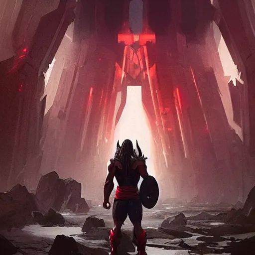 Image similar to A muscular Asgardian, guarding a great portal in an apocalyptic world, artstation Greg rutkowski, cinematic