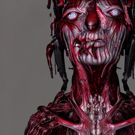 Image similar to octane render of a body horror humanoid, sharp dark shadows, black and red color palette by trevor henderson and junji ito