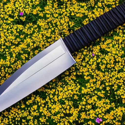 Prompt: A katana with an emerald blade lying in a field of flowers at night