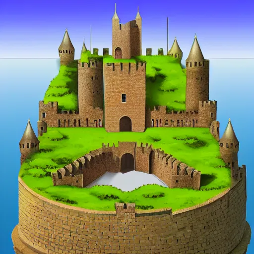 Image similar to an ancient castle in the middle of nowhere,historical,realistic,moat,isometric,sky view