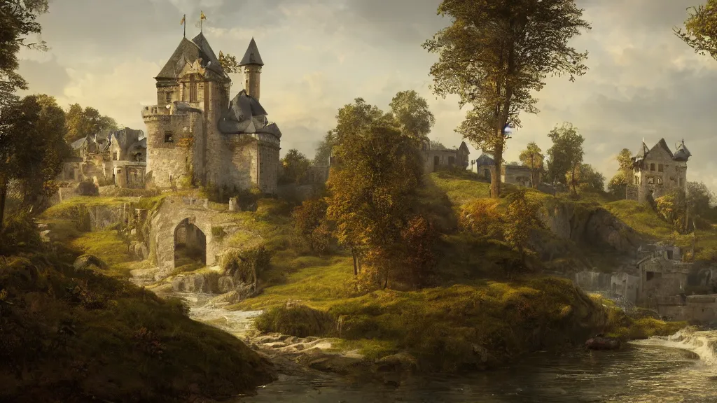 Image similar to newly built castle sitting by the seaside with rolling hills and a small village by eugene von guerard, ivan shishkin, dramatic lighting, concept art, trending on artstation, 8 k