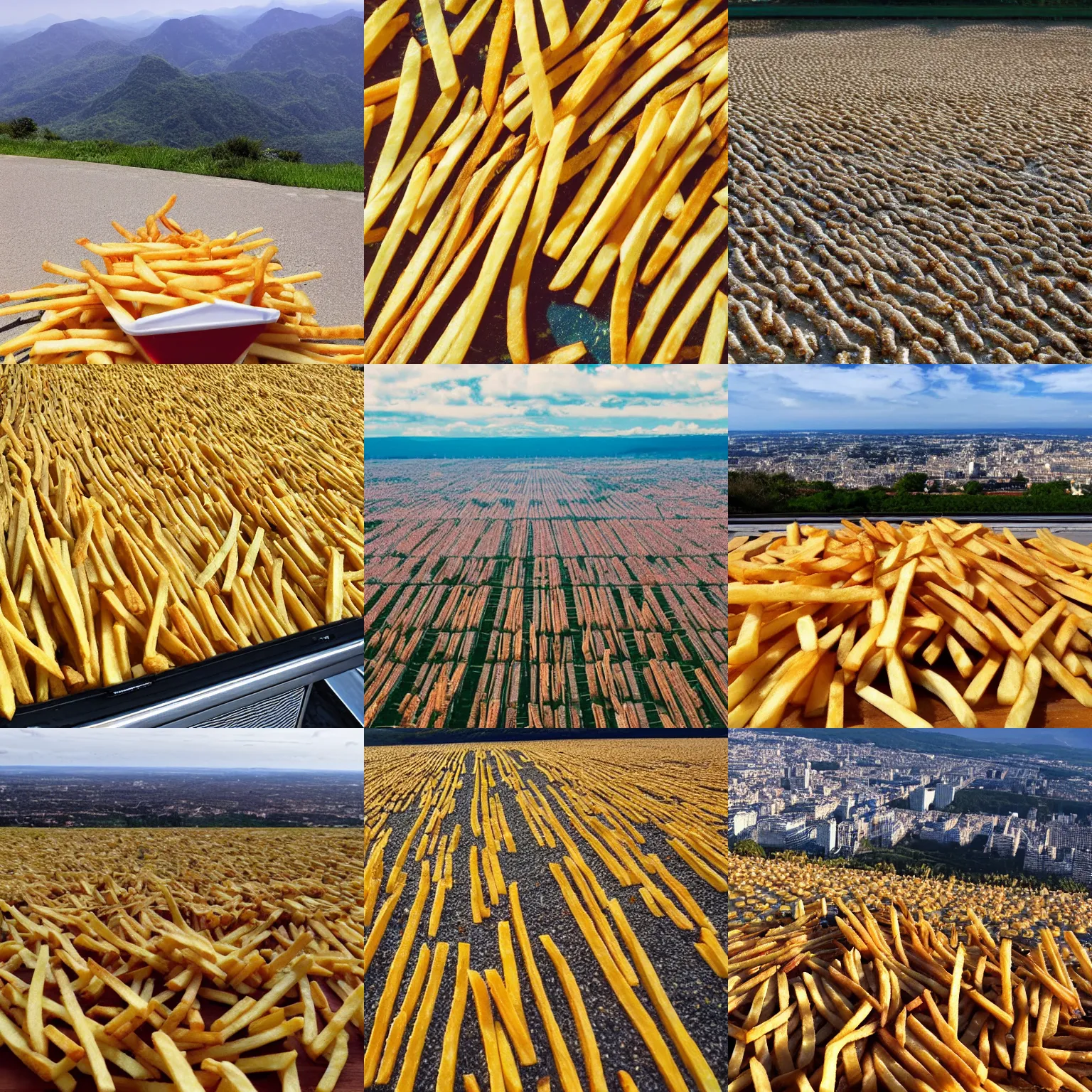 Prompt: thousands millions of French fries filling the view stretching as far as the eye can see