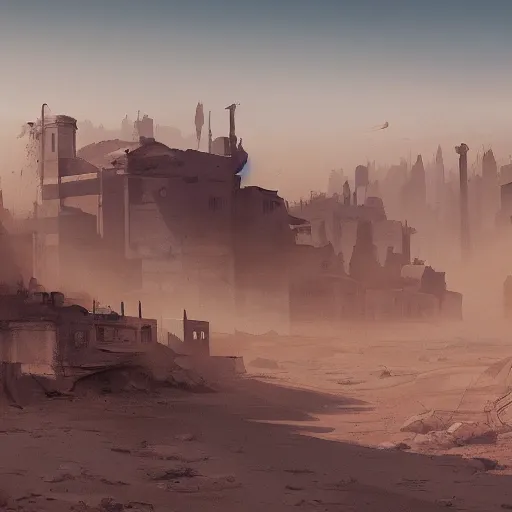 Image similar to dusty old town in the middle of desert surrounded by sandstorm, scorching heat, sun, midday, concept art, sharp, artstation, cgsociety