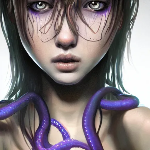 Prompt: artstation young teen with purple eyes and tiny and very thin tentacles on her head, furious, very detailed, portrait, high contrast, unreal engine 5