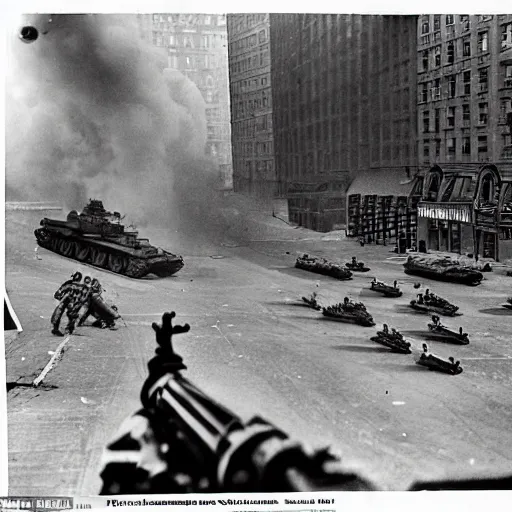 Prompt: Epic shootout between Soviet and American troops on the streets of New York, powerful explosions, futuristic style, super detail of each object,