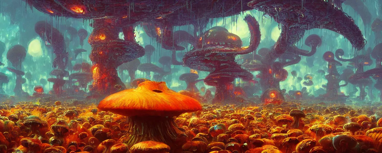 Prompt: ” partly eaten alien mushrooms, [ by paul lehr, cinematic, detailed, epic, widescreen, opening, establishing, mattepainting, photorealistic, realistic textures, octane render ] ”