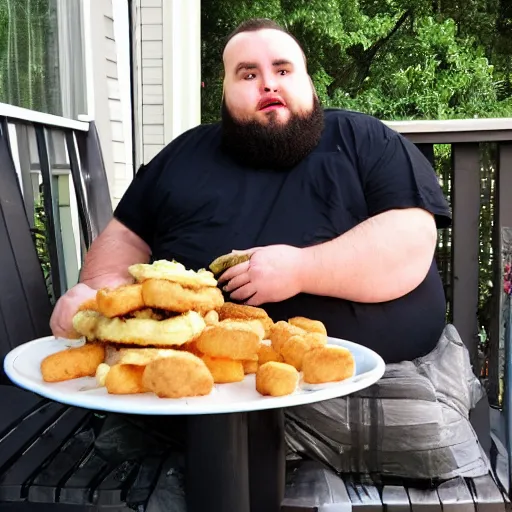 Image similar to overweight 2 0 year old with messy black hair and big beard eating burgers and chicken nuggets on his back porch table