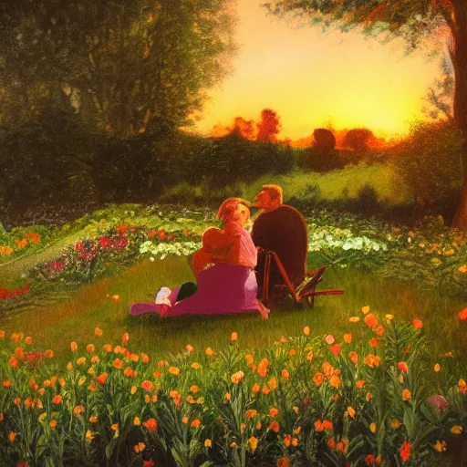 Image similar to two lovers sit in a garden, surrounded by a field of flowers. the sun sets in the distance, casting a warm glow over the scene.