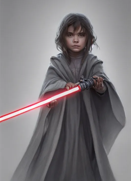 Image similar to perfectly - centered - portrait of a kid wearing grey cloak holding light saber, intricate, highly detailed, digital painting, artstation, concept art, smooth, sharp focus, illustration, unreal engine 5, 8 k, art by artgerm and greg rutkowski and alphonse mucha