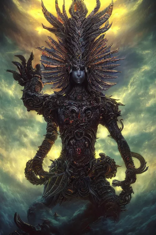 Prompt: an ultra detailed 3 d render of the vishnu as an elden ring boss, epic anime fantasy, 8 k, in the style of a fantasy metal album cover and magic the gathering, volumetric lighting, smooth, highly detailed, digital illustration, octane render, art by albert bierstadt and greg rutkowsi, artstation