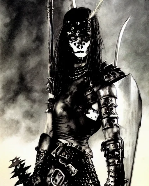 Image similar to portrait of a skinny punk goth warrior wearing armor by simon bisley, john blance, frank frazetta, fantasy, barbarian, hardcore