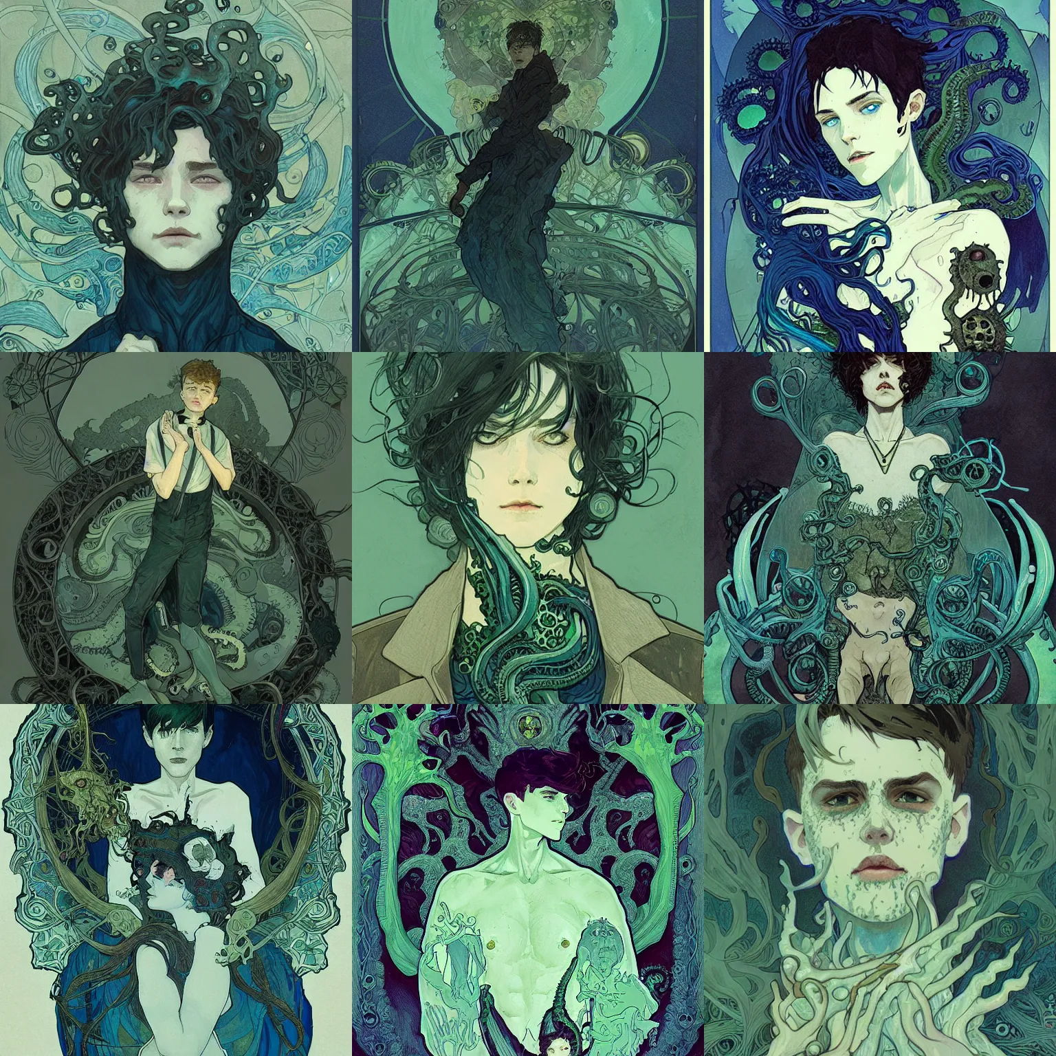 Prompt: a boy surrounded by lovecraftian horrors, highly detailed, gloomy, digital painting, trending on artstation, concept art, sharp focus, illustration, art by alphonse mucha and kaethe butcher and krenz cushart, black and blue and green color scheme