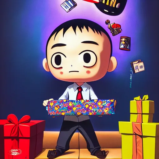 Image similar to an epic chibi comic book style portrait painting of a ryan kanji opening presents, character design by mark ryden and pixar and hayao miyazaki, unreal 5, daz, hyperrealistic, octane render, cosplay, dynamic lighting, intricate detail, cinematic