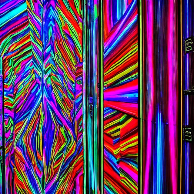 Prompt: photograph of a psychedelic elevator doors