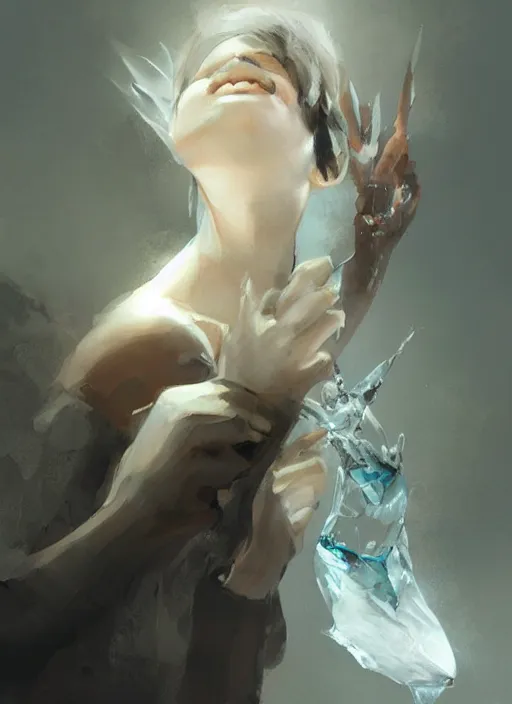 Image similar to singer damiano david sitting on a small icicle, elegant, realistic, digital painting, concept art, smooth, sharp focus, illustration, by ruan jia and mandy jurgens and artgerm and william - adolphe bouguerea