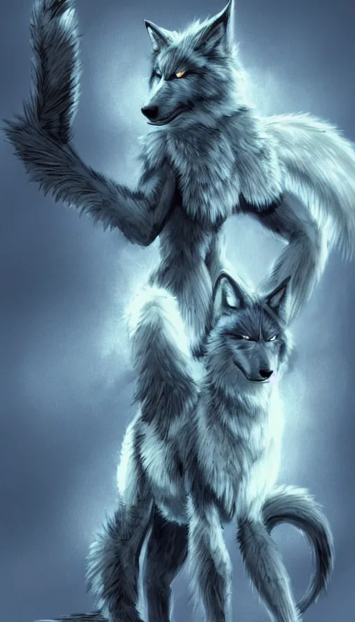 Prompt: dieselpunk blue wolf with fuzzy tail, concept art, dramatic, fantasy, pixiv