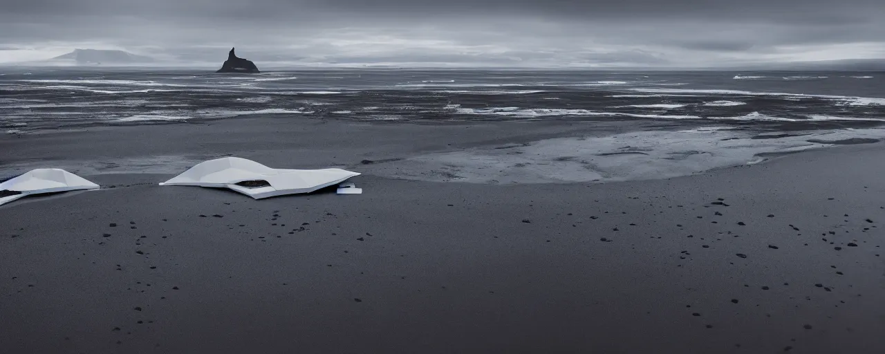 Prompt: cinematic shot of giant symmetrical futuristic military spacecraft in the middle of an endless black sand beach in iceland with icebergs in the distance,, 2 8 mm