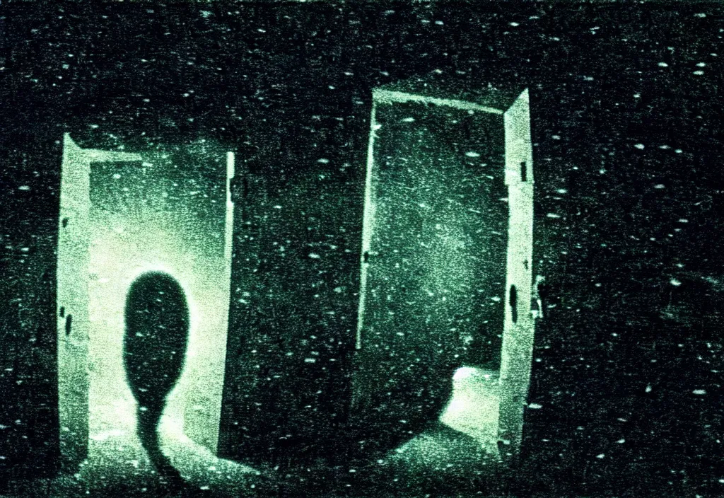 Image similar to a film still of a mysterious portal into a horrifying universe, scifi, horror, photo, nightmare, found footage, creepy, 3 5 mm