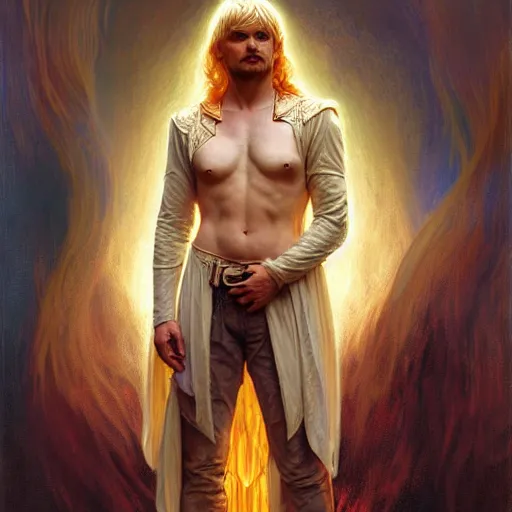 Prompt: bradley james as lucifer morningstar, ornate long blond hair, whole body, natural lighting, path traced, highly detailed, high quality, digital painting, by gaston bussiere, craig mullins, alphonse mucha j. c. leyendecker