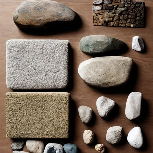 Image similar to “extravagant luxury mountain home architectural materials flatlay, stone, tatami, straw, bamboo, rock, pebbles, pale Japanese natural palette, modern rustic”