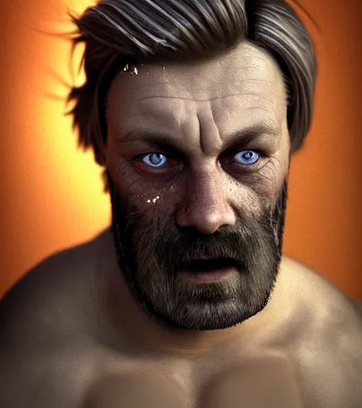 Image similar to portrait of muscular, tired and alcoholic 3 0 - year - ol 5 grieving man with short darkblonde hair, serious sad look in his eyes, looking down, dirty beard, blue eyes, crying tears, wearing dirty soldier uniform, on the desert, sad atmosphere, hyper realistic face, character art, art by mark brooks, cryengine, trending on artstation, digital art