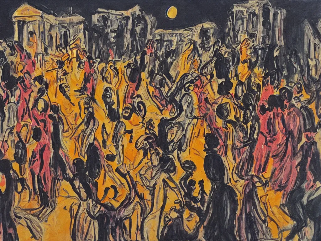 Image similar to woman movement, lisbon city at night, art in the style of paula rego