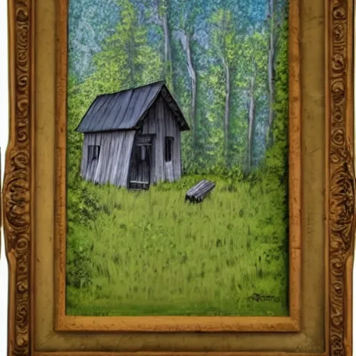 Image similar to a painting of a Eerie cabin in the middle of the woods in the style of Banksy