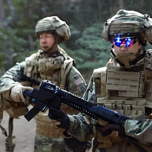 Prompt: U.S. military men in a battle using holographic warrrfare and electronic psychotronic laser devices