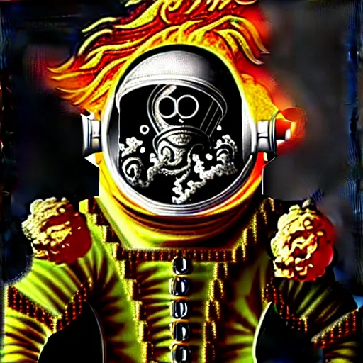 Prompt: an extreme detailed baroque rococo painting with detailed textures of a headless astronaut with quantum fire pouring from his visor, disturbing cybergothic high image quality