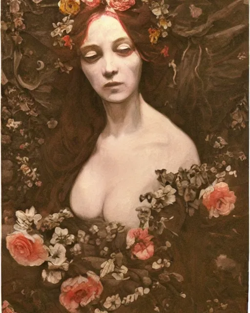 Image similar to a beautiful and eerie baroque painting of a beautiful but serious woman in layers of fear, with haunted eyes and dark hair piled on her head, 1 9 7 0 s, seventies, floral wallpaper, wilted flowers, deathly pallor, morning light showing injuries, delicate ex embellishments, painterly, offset printing technique