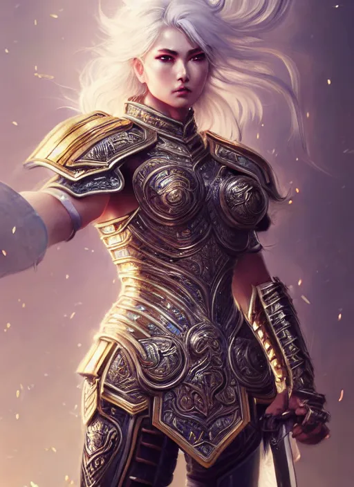 Image similar to warrior, intricate ornate opal heavy armor!!! beautiful and athletic white hair female!! gorgeous face and eyes!! character concept art, sharp focus, octane render! unreal engine 5! highly rendered!! trending on artstation!! detailed linework!! illustration by artgerm, wlop, and chie yoshii