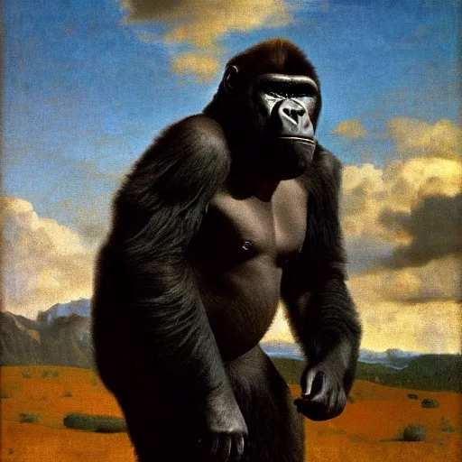 Image similar to smiling silverback gorilla in a land made of clouds by vermeer, golden hour