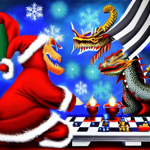 Prompt: blue santa playing checkers against a christmas themed dragon, digital art, highly detailed,