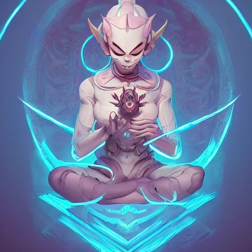 Image similar to a tiny cute demon floating while meditating and wrapped in sacred scrolls, smooth, intricate, elegant, digital painting, artstation, power runes, pulsing energy, concept art, sharp focus, octane render, illustration, art by josan gonzalez and james jean and shintaro kago, overwatch character,