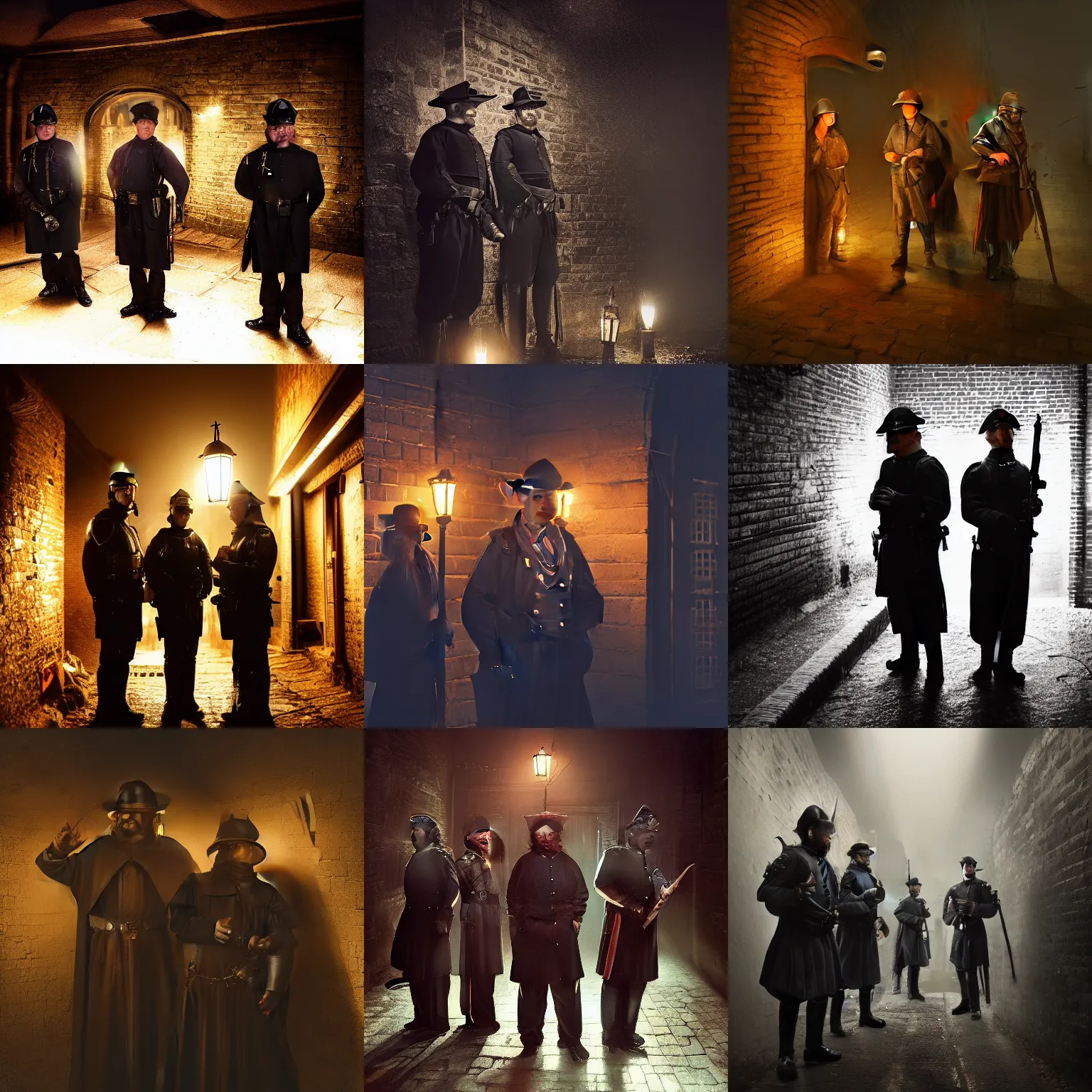 Prompt: photo of three constables, guards, standing in a dark dingy damp alley, oil lamp lighting, medieval, fantasy, dnd, nighttime photograph, trending on artstation