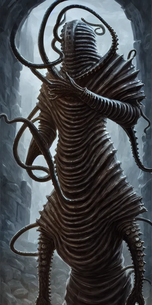 Prompt: a medieval knight slowly transforming into a tentacle monster, matte oil painting, concept art, dnd, clear, crisp, sharp, bones, armor, eldritch, award - winning, extremely detailed, 4 k, 8 k