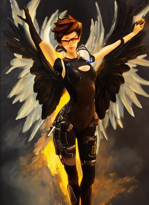 Prompt: oil painting of tracer overwatch in the style of sophie anderson, flying, angel wings, black outfit,
