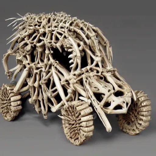 Image similar to a car made out of bones and bones, a surrealist sculpture by hendrick cornelisz vroom, featured on zbrush central, auto - destructive art, made of insects, made of cardboard, made of feathers